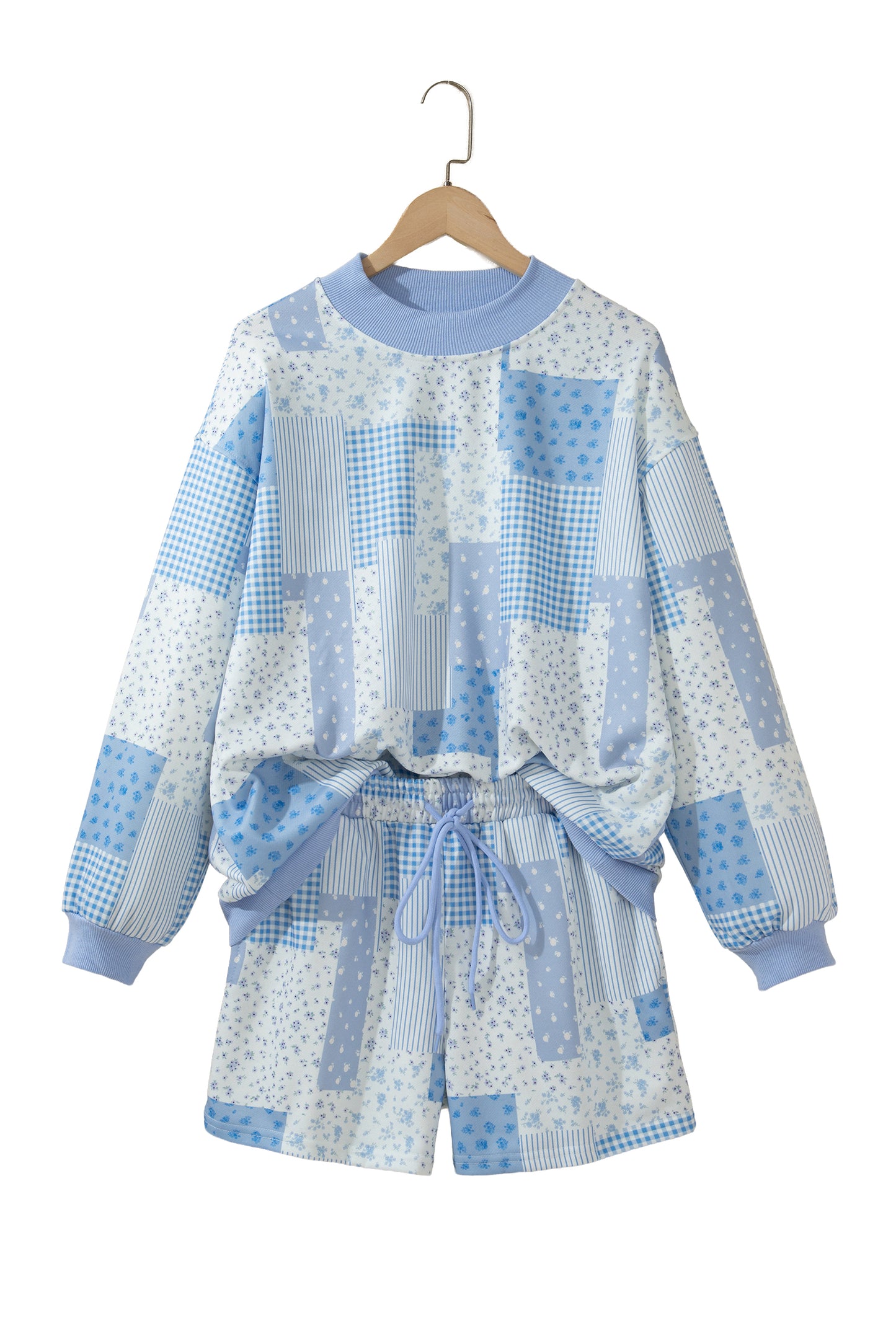 Floral Patchwork Sweatshirt & Drawstring Shorts Set
