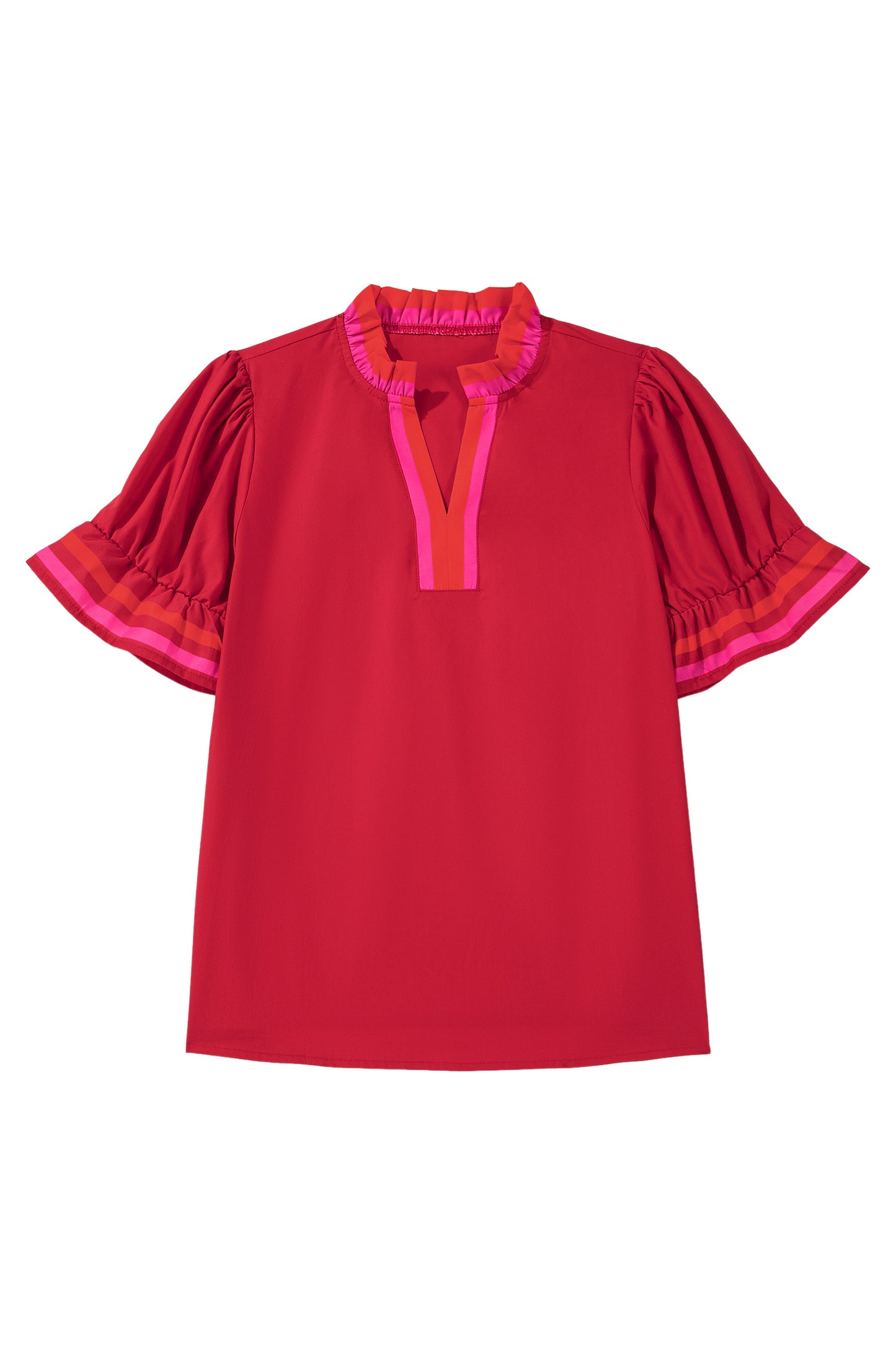 Stripe Frilled V-Neck Ruffle Short Sleeve Blouse