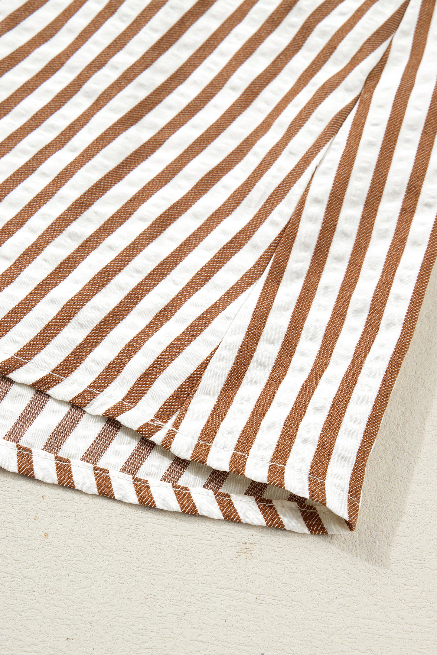 Stripe Shirred V-Neck Short Puff Sleeve Blouse