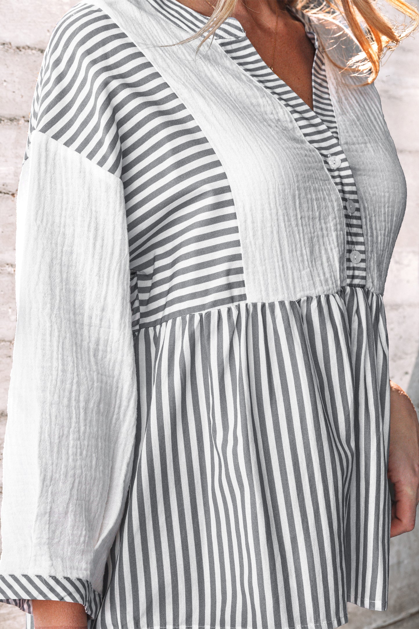 Stripe Gauze Patchwork Half Buttoned Babydoll Blouse