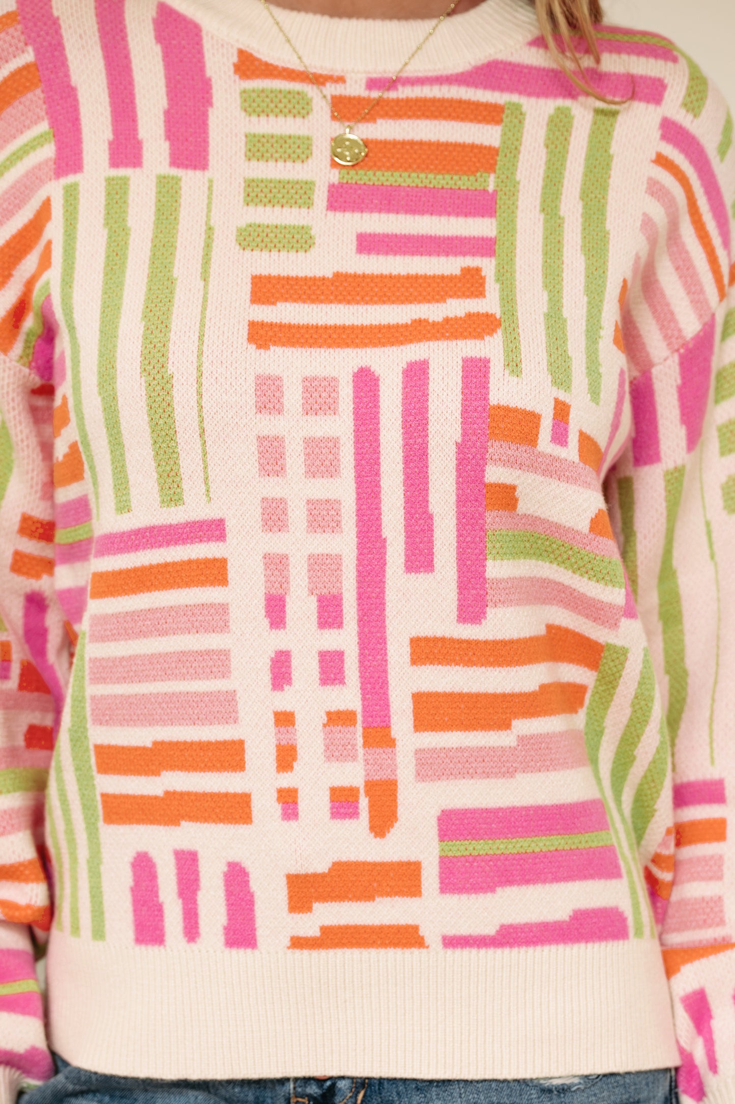 Geometric Stripe Crewneck Puff Sleeve Sweater