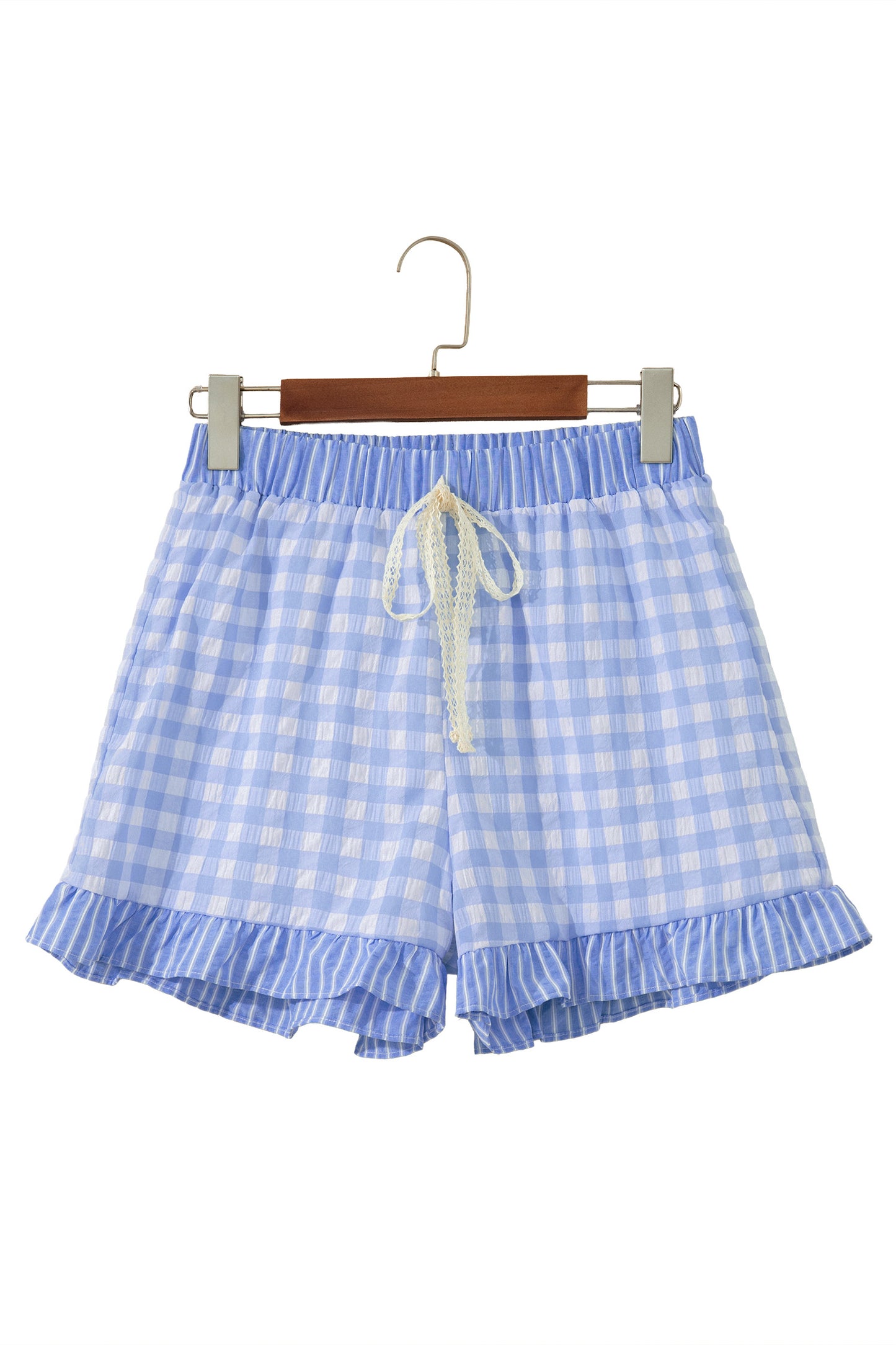 Gingham Ruffle Stripe Patchwork Lace Tie Shorts