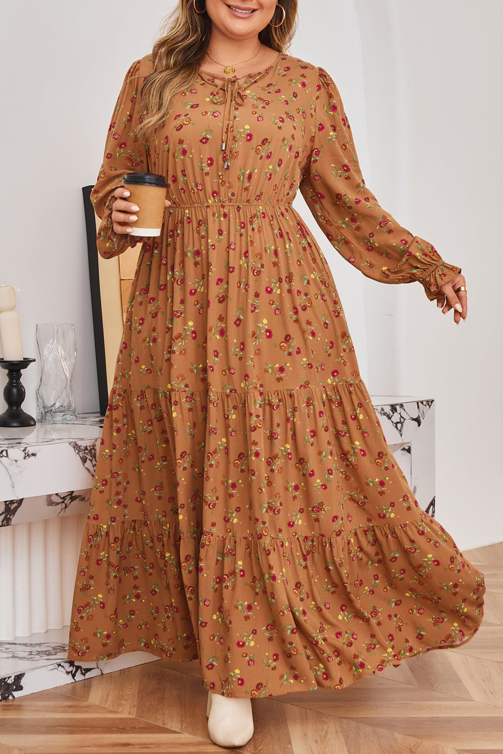 Plus Size Floral V-Neck Ruffle Sleeve Tiered Dress  Pretty Bash