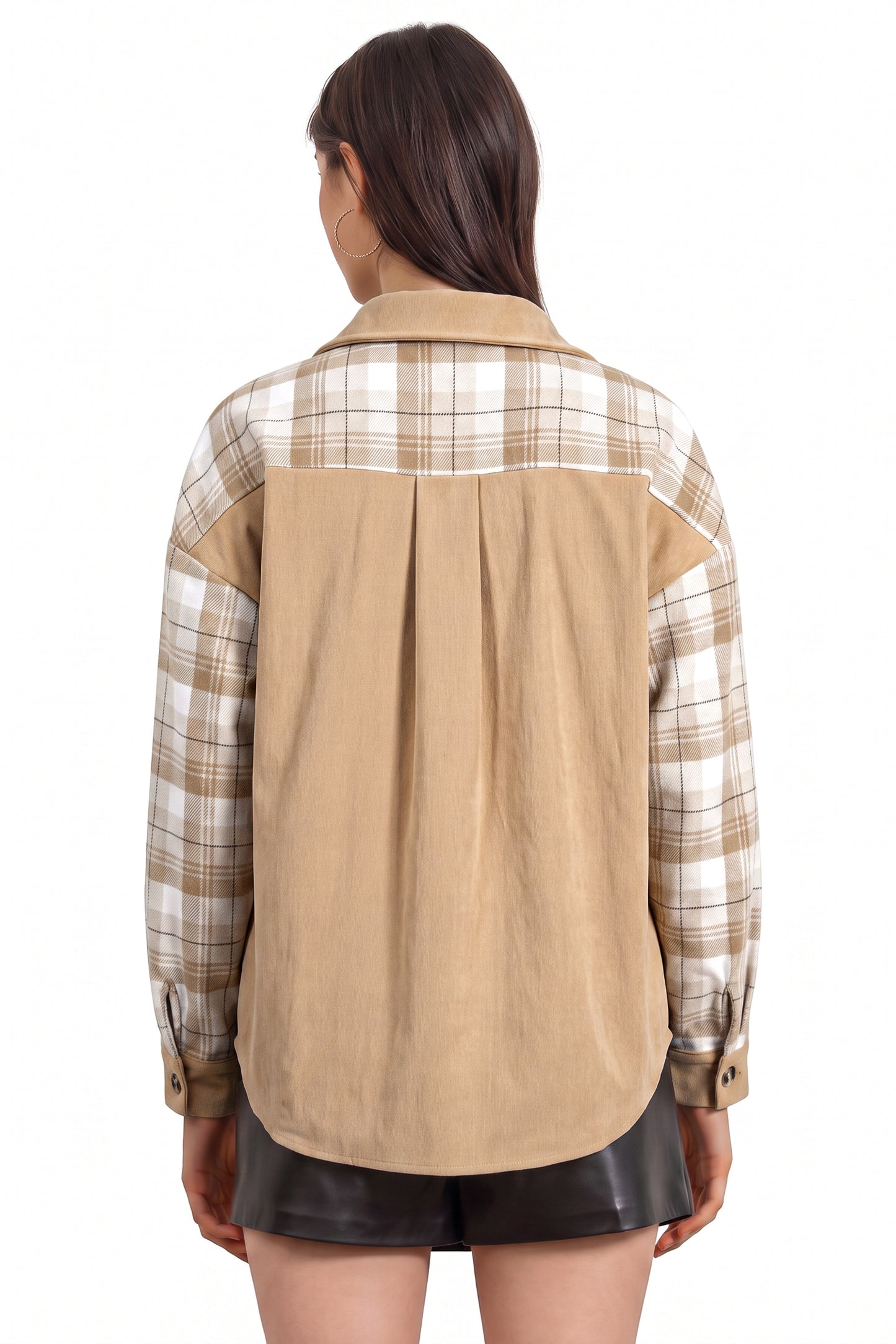 Plaid Colorblock Patch Pocket Buttoned Shacket