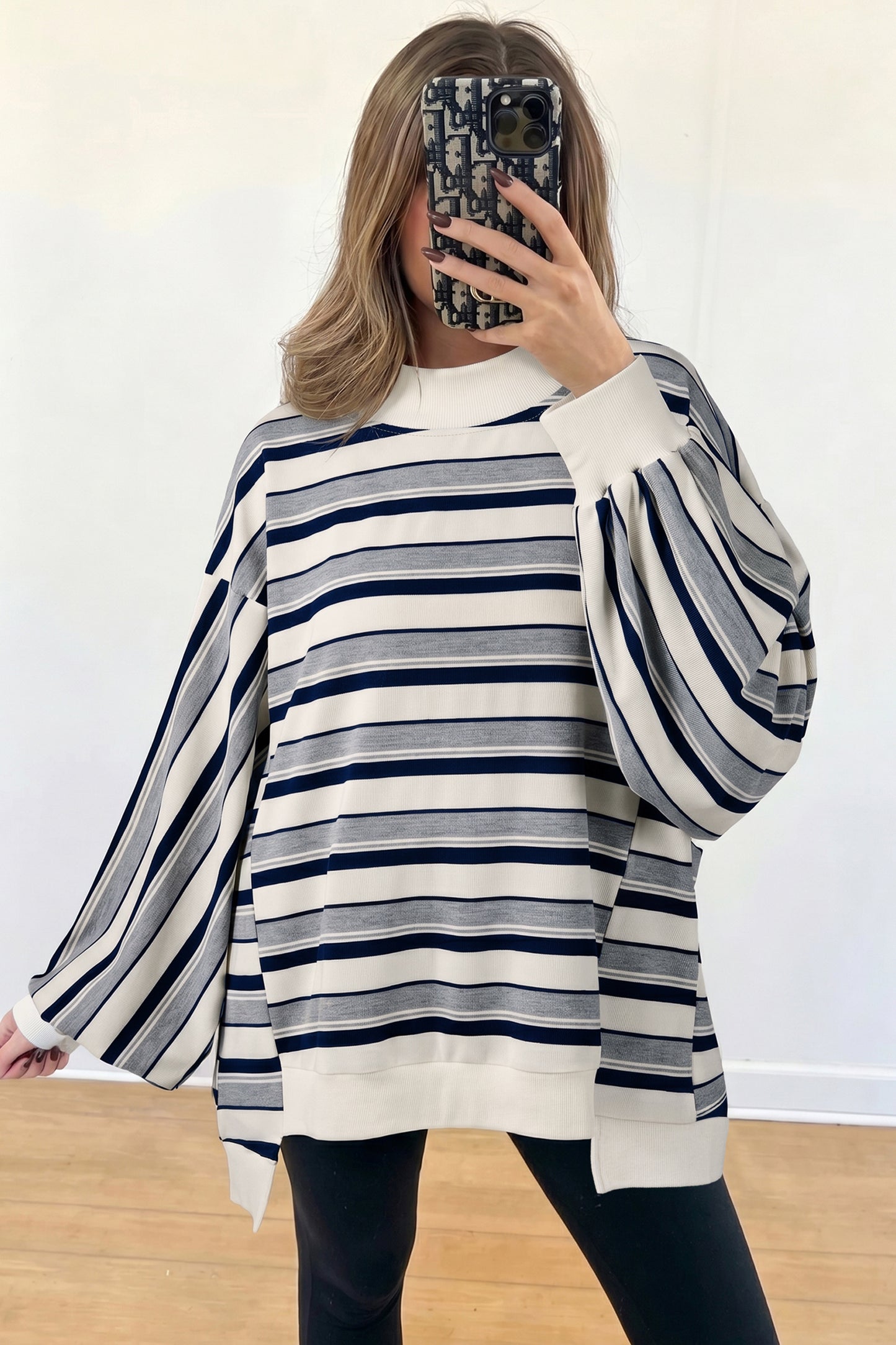 Stripe Ribbed Mock Neck Long Sleeve Sweatshirt