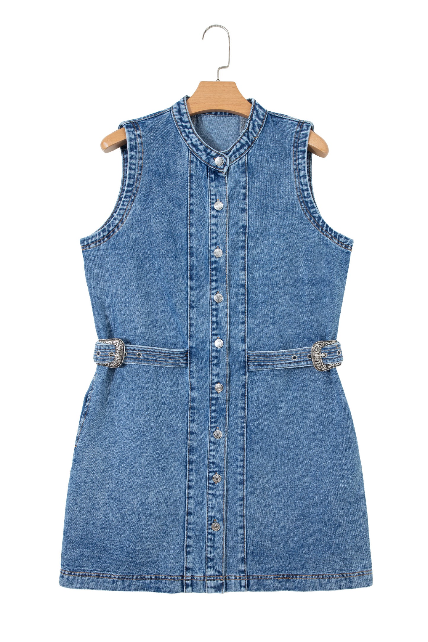 Western Denim Belted Button Down Sleeveless Dress