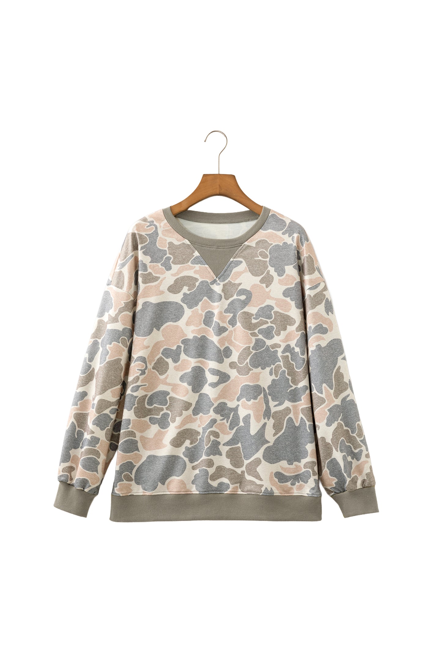 Camo Ribbed Trim Crew Neck Pullover Sweatshirt