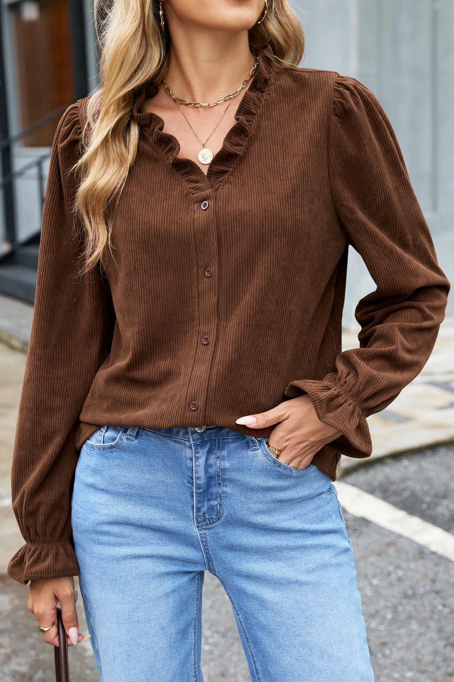 Solid Ruffle Trim V-Neck Long Sleeve Corduroy Shacket