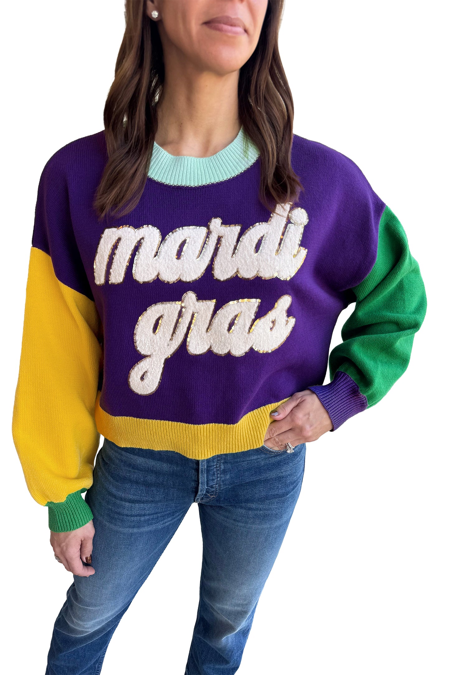Mardi Gras Colorblock Fuzzy Patchwork Sweater