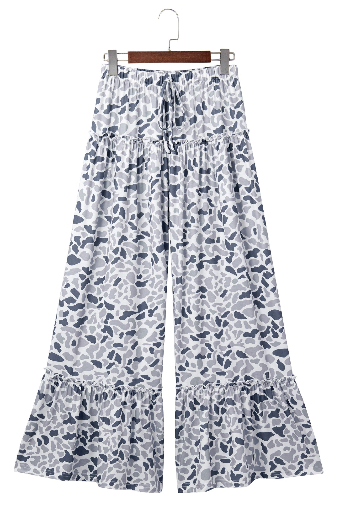 Camo Ruffle Wide Leg Drawstring Pants