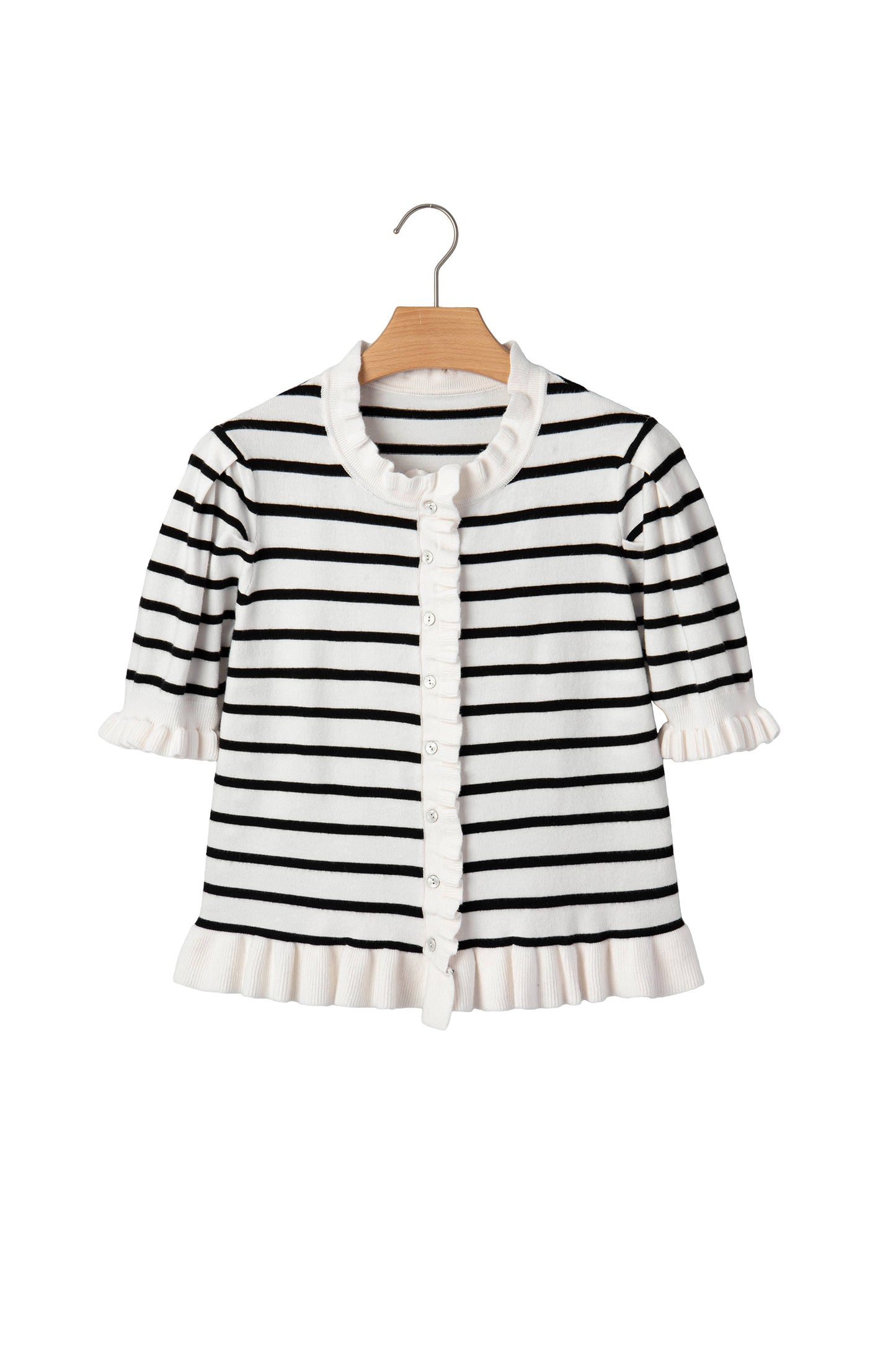 Stripe Ruffle Knit Short Sleeve Buttoned Cardigan