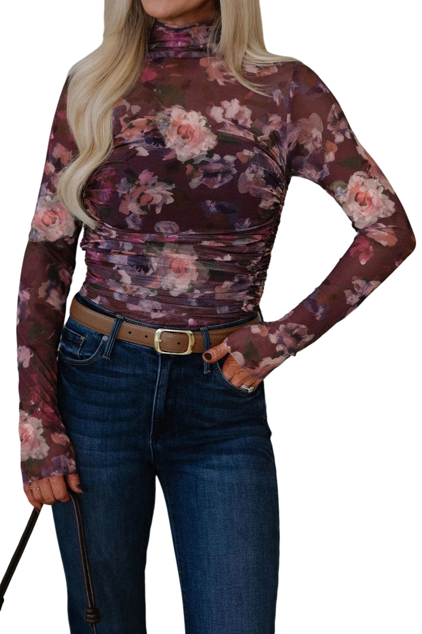 Floral Mesh Turtleneck Long Sleeve Ruched Top