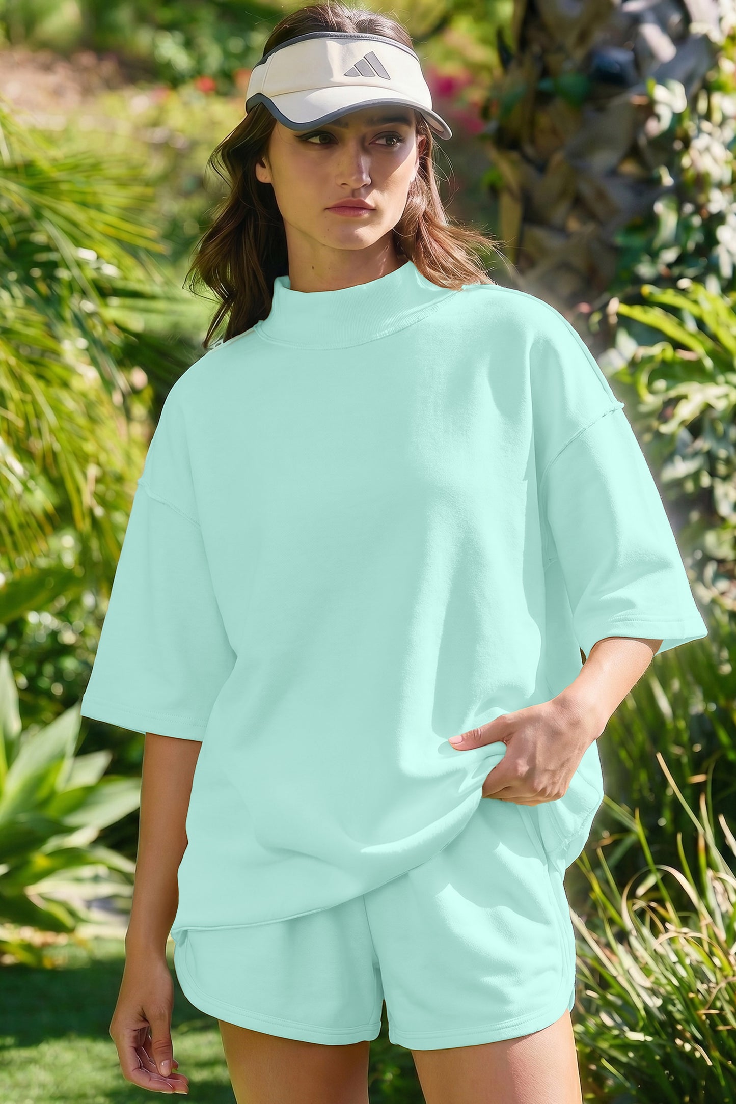 Solid Exposed Seam Mock Neck Tee & Shorts Set