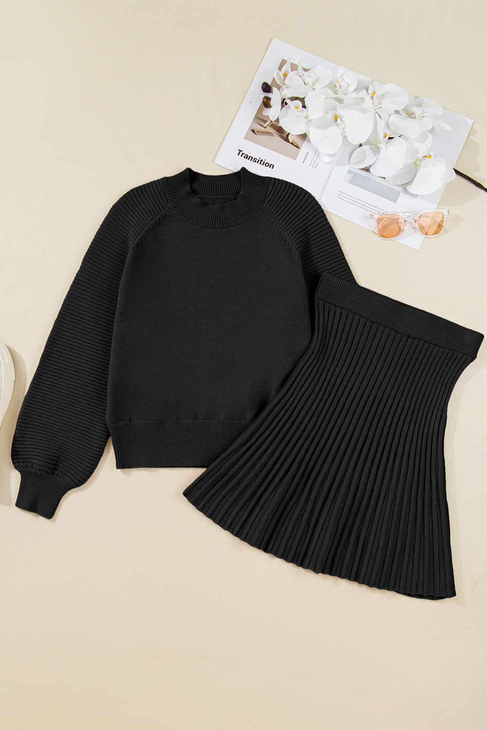 Smoke Gray High Neck Puff Sleeve Sweater Pleated Mini Skirt 2pcs Knitted Outfit