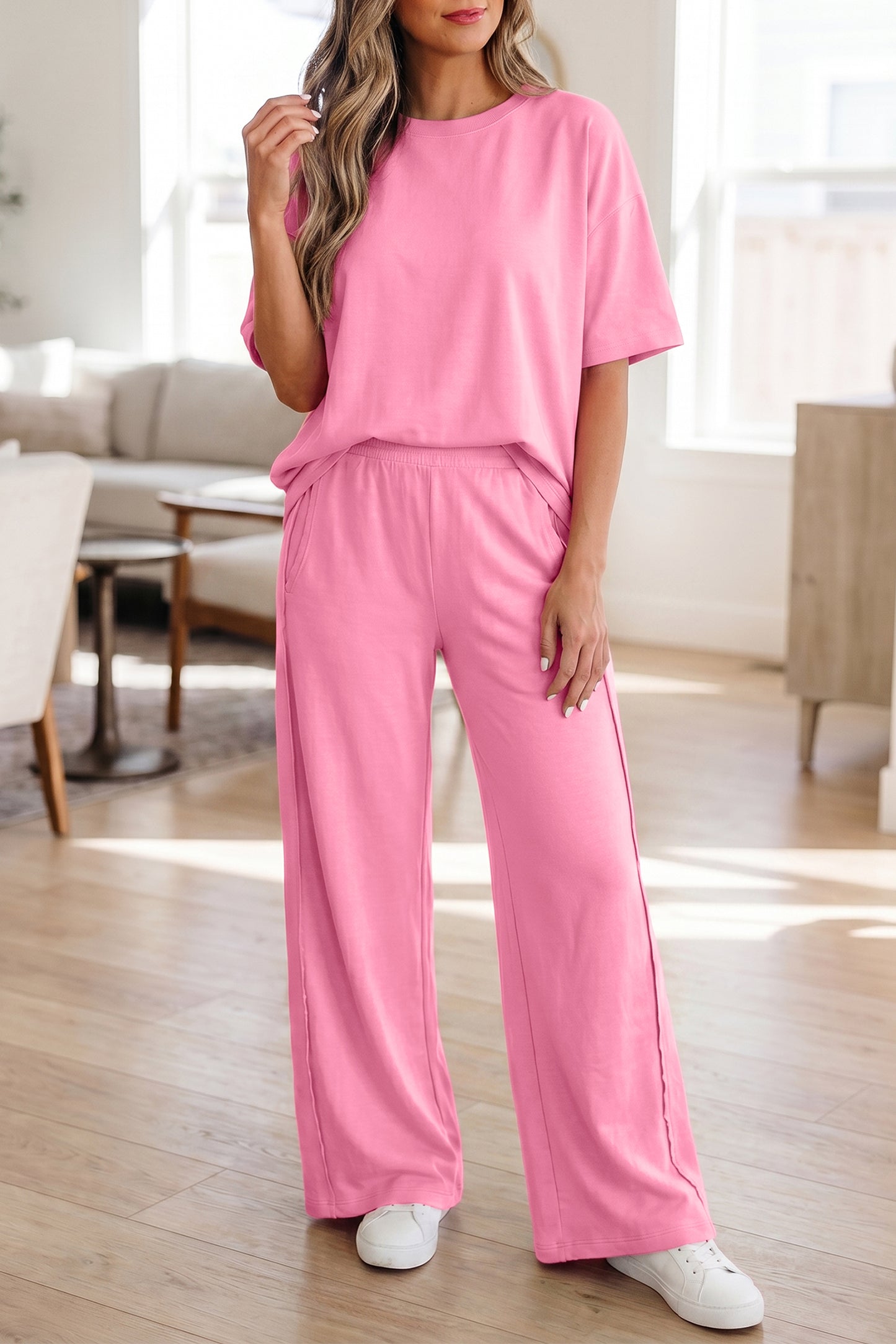 Solid Color Oversize Tee & Wide Leg Pants Set