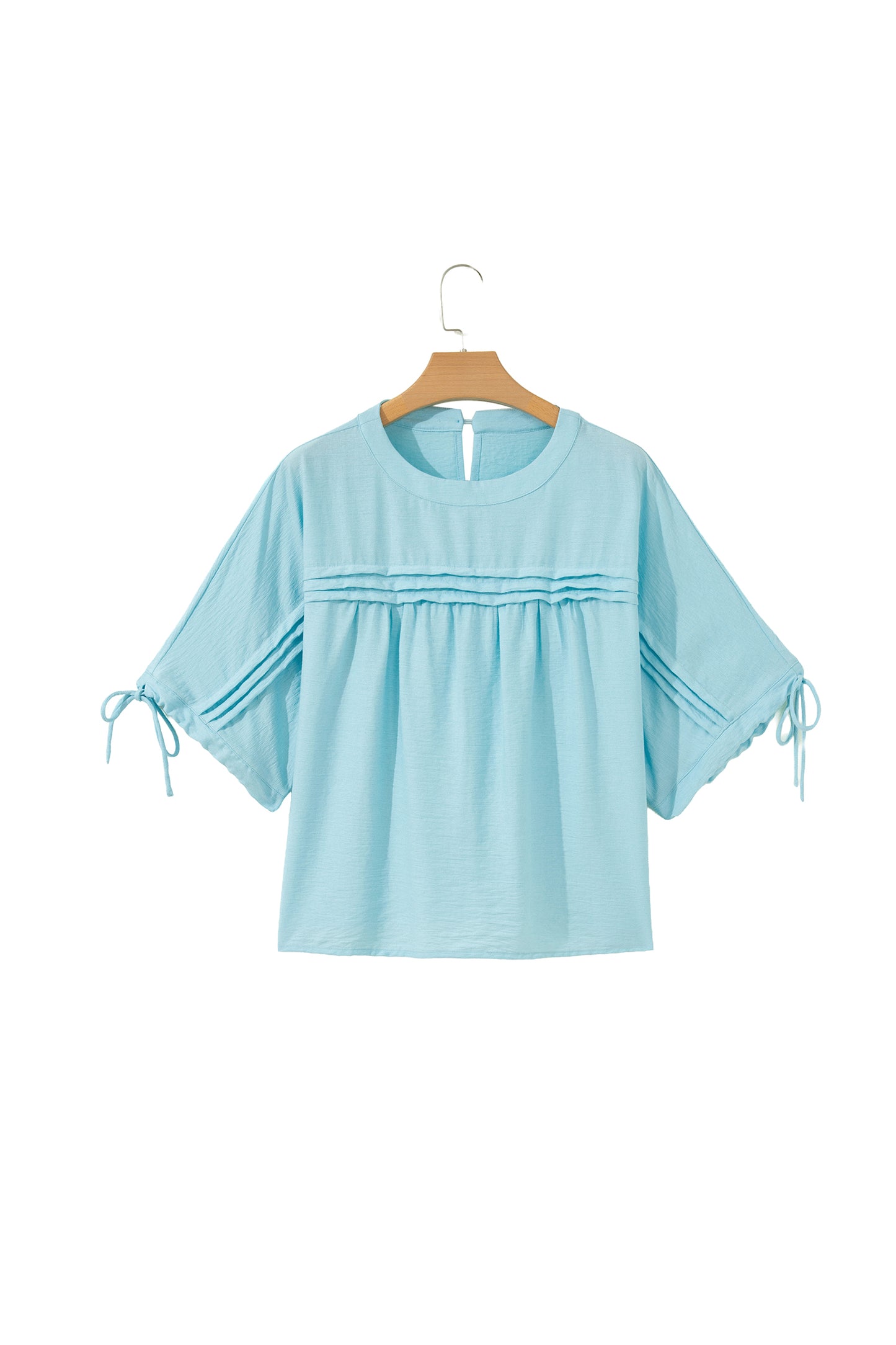 Solid Pleated Tie Sleeve Babydoll Blouse