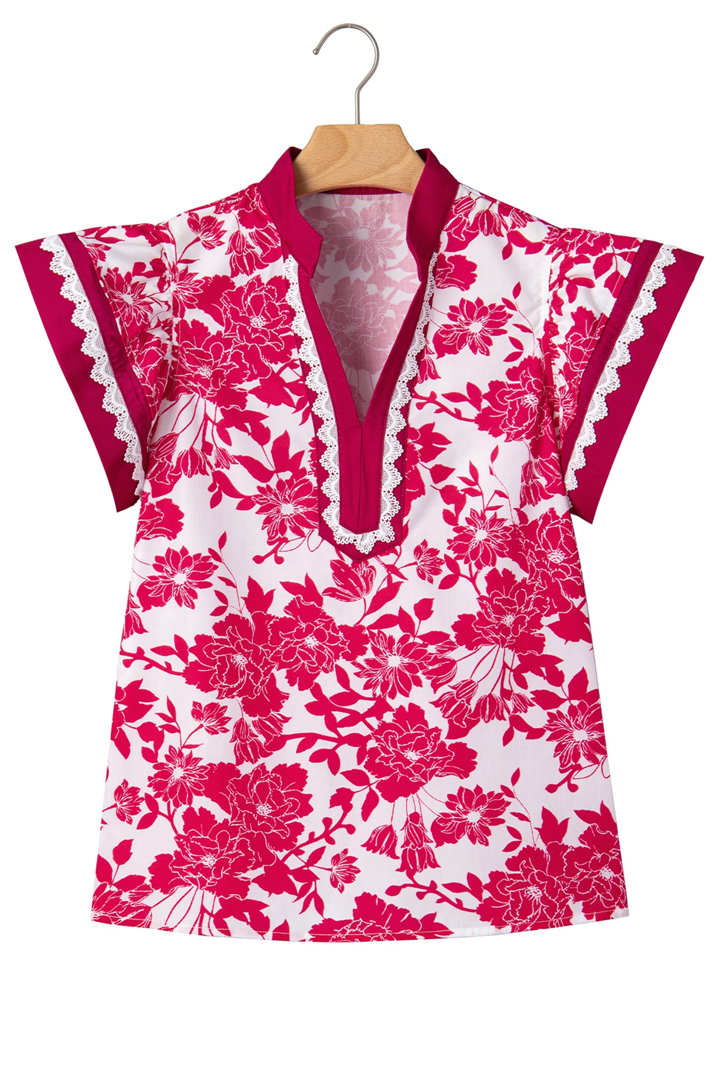 Floral Colorblock Lace V-Neck Flutter Sleeve Blouse