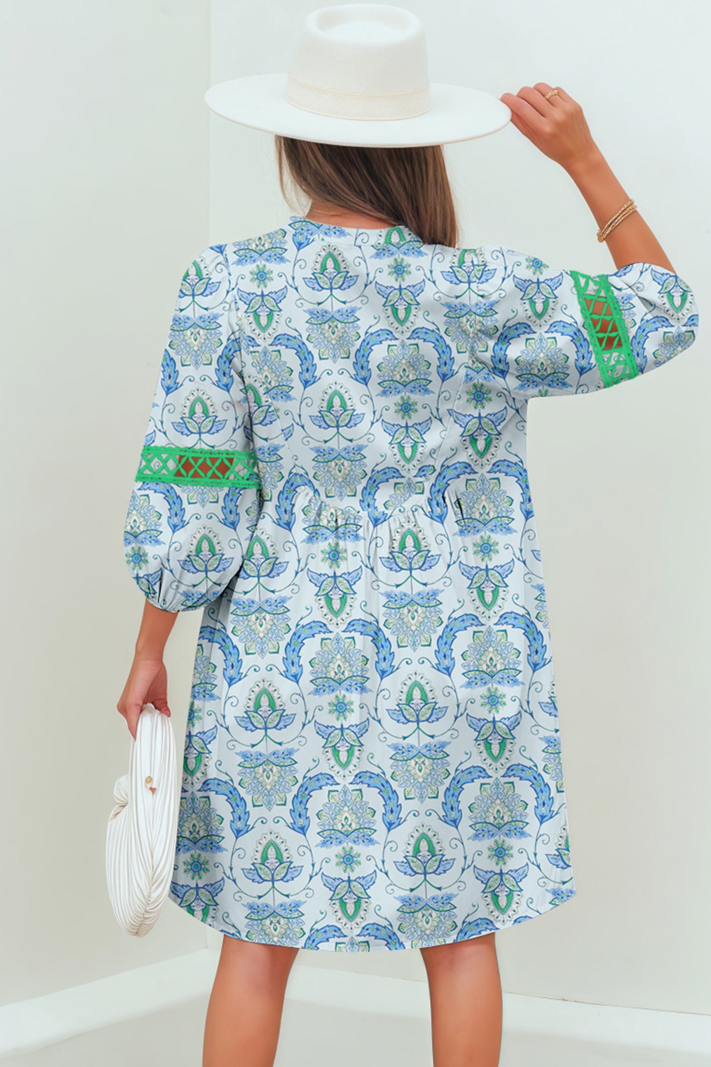 Paisley Patchwork Contrast Bracelet Sleeve Mini Dress