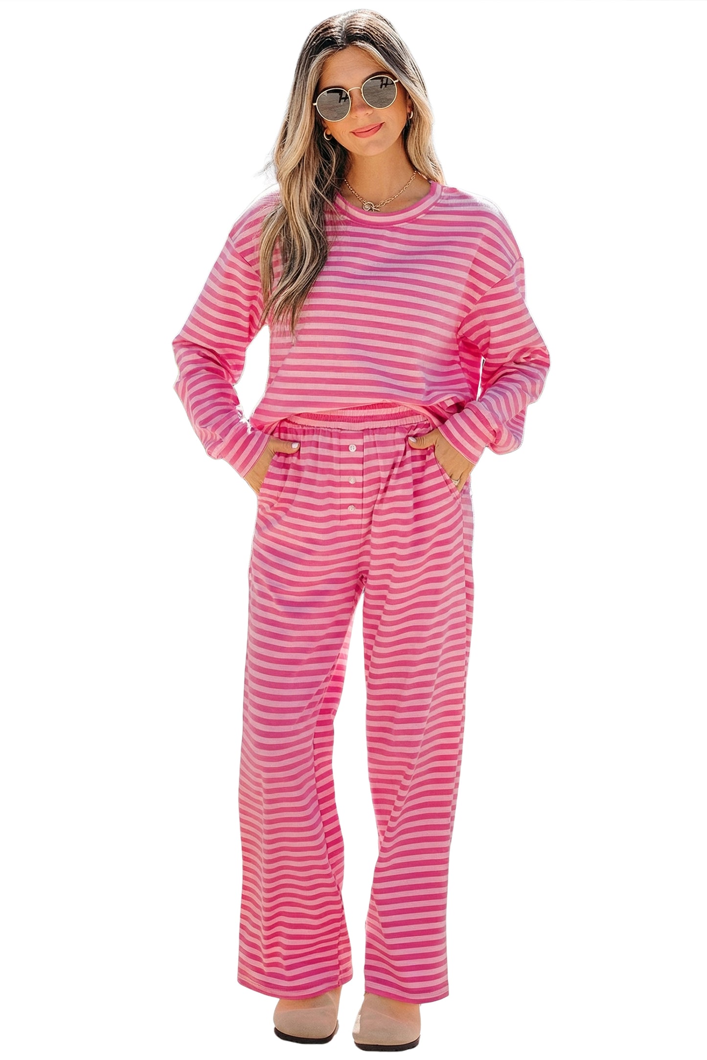Stripe Drop Shoulder Top & Buttoned Pants Set