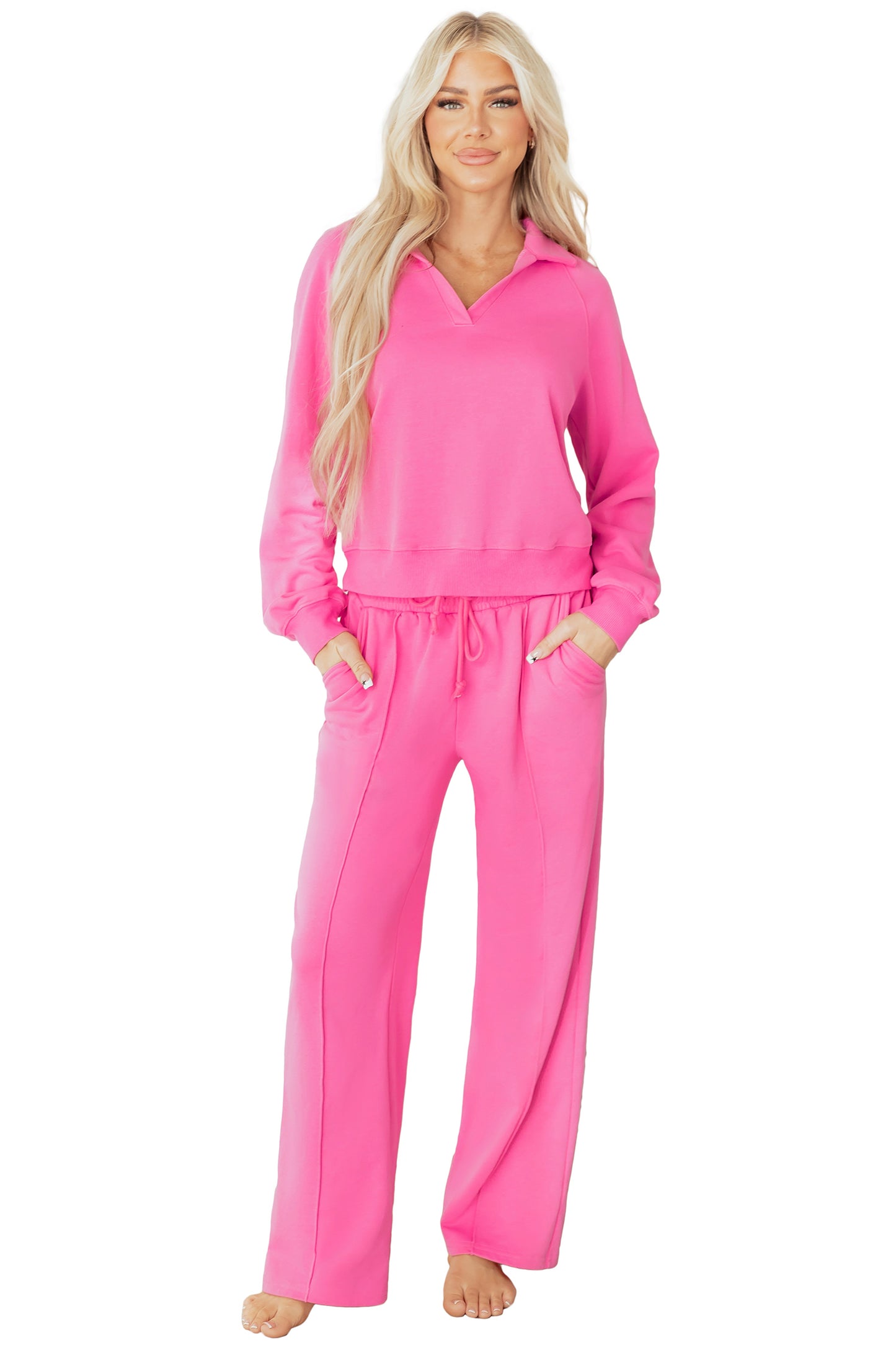 Solid Collared Top and Central Seam Pants Set