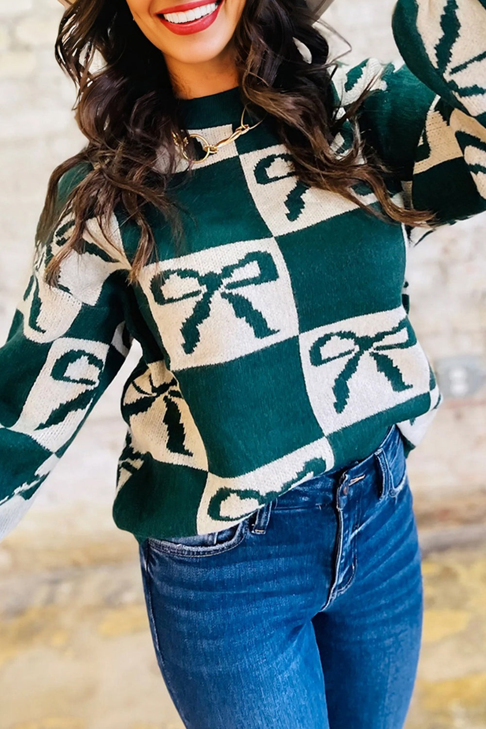 Checker Bow Crewneck Sweater