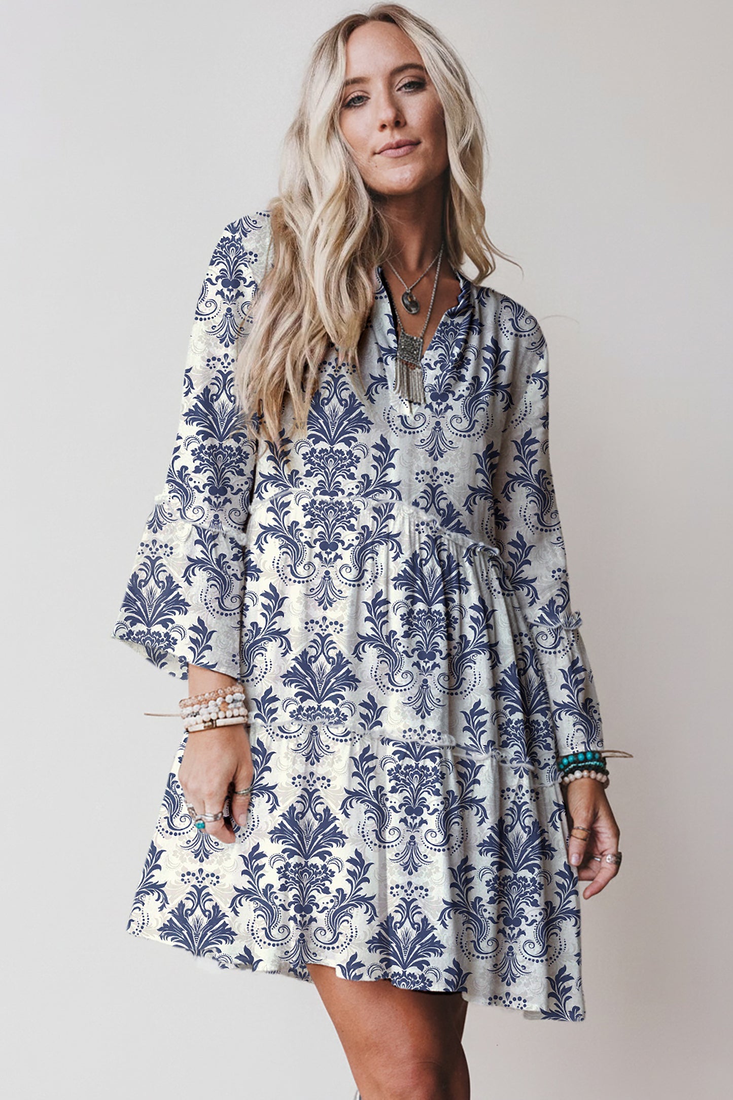Boho Floral Lettuce Trim 3/4 Sleeve Mini Dress