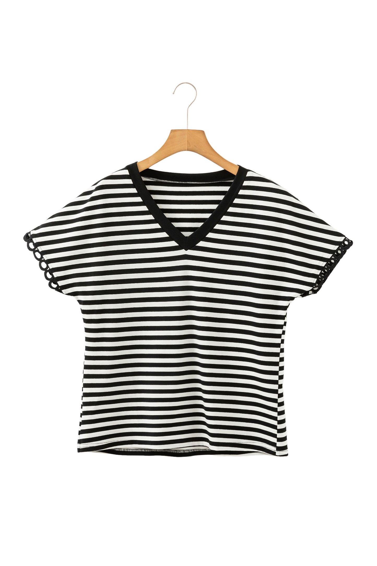 Stripe V-Neck Lace Trim Short Sleeve Tee