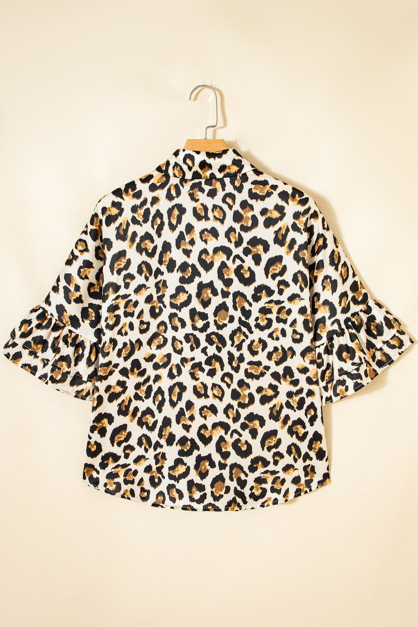 Leopard Ruffle Trim 3/4 Sleeve Buttoned Shirt