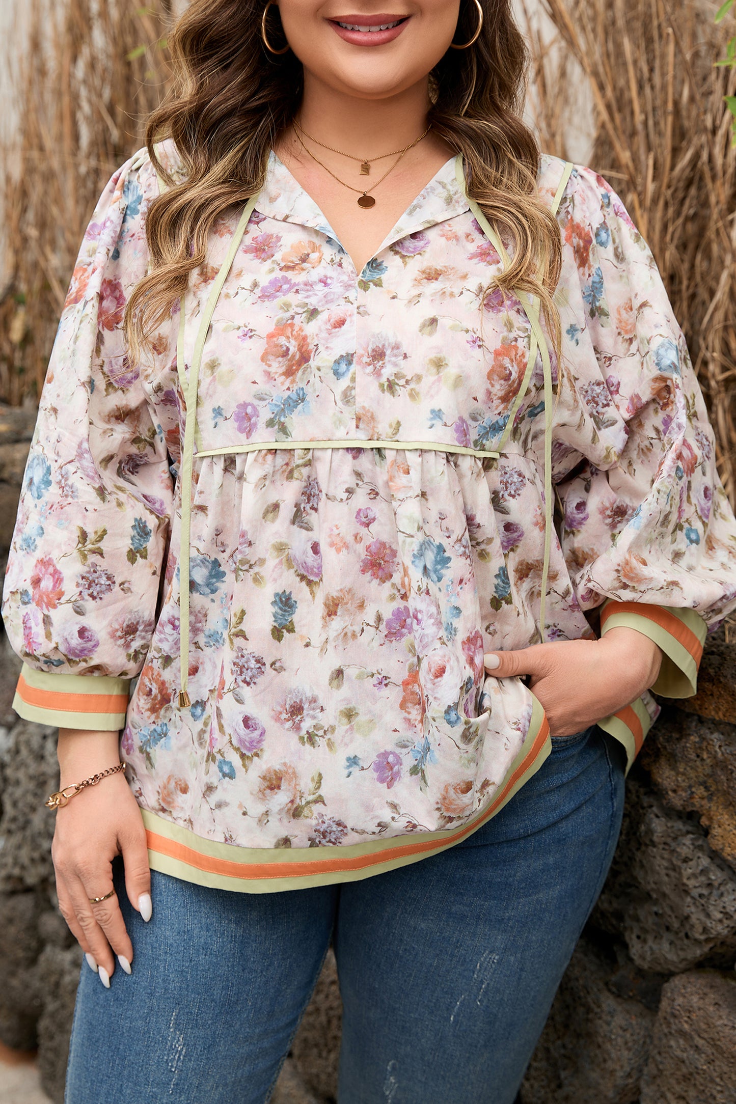 Plus Size Floral Stripe Contrast Trim Babydoll Blouse