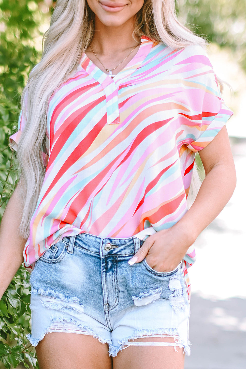 Abstract High Low Short Sleeve Blouse