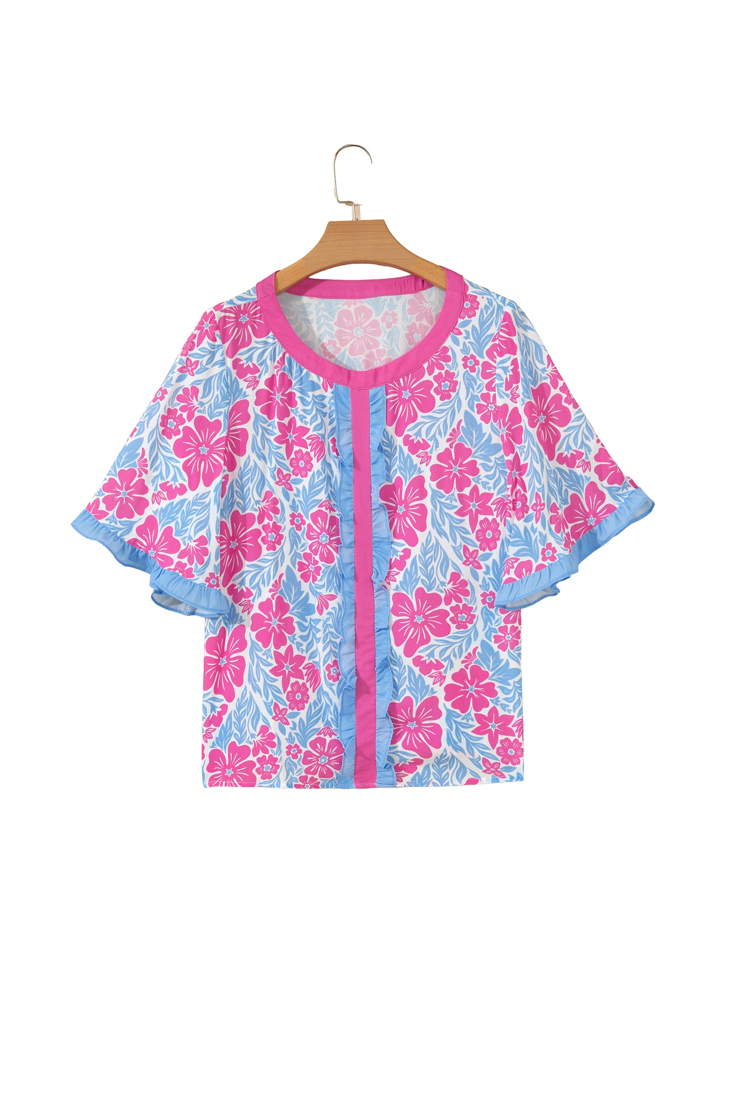 Floral Colorblock Trim Ruffle 3/4 Sleeve Blouse