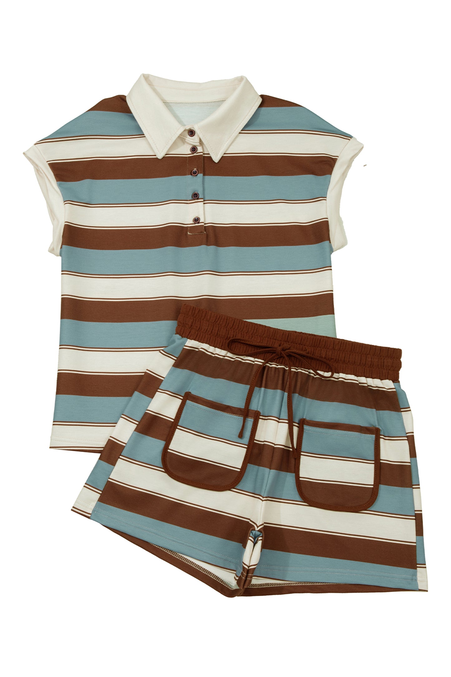 Stripe Polo Collar Tee and Patchwork Shorts Set