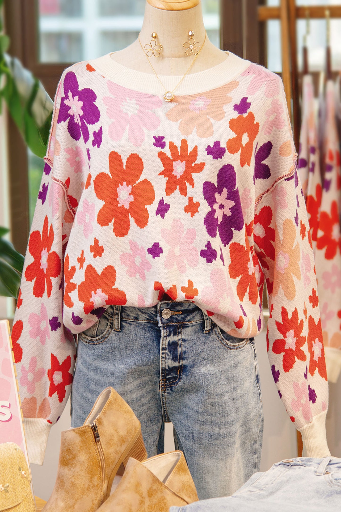 Floral Ribbed Trim Drop Shoulder Sweater