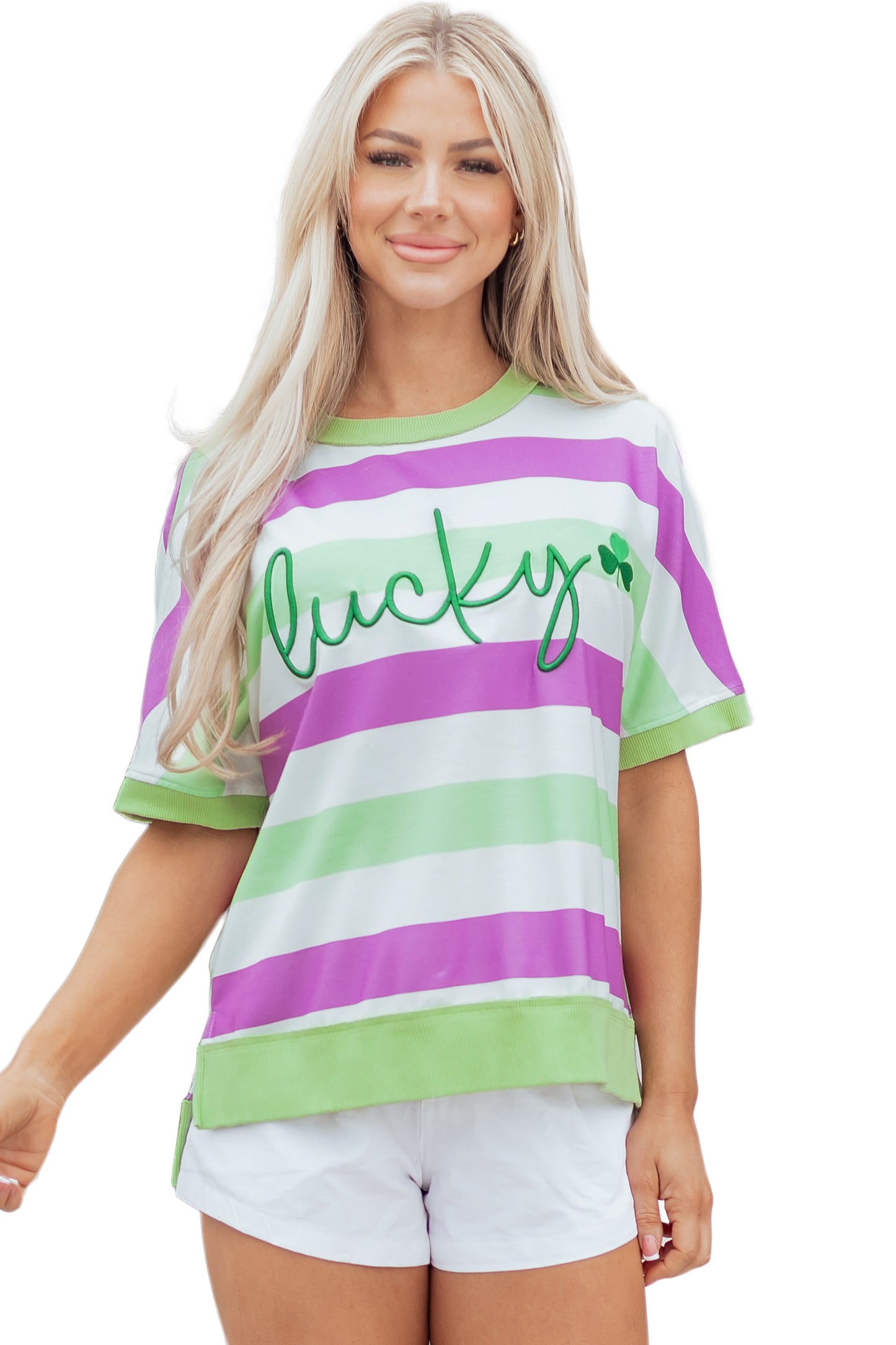 Stripe Lucky Clover Embroidered Dolman Sleeve Tee