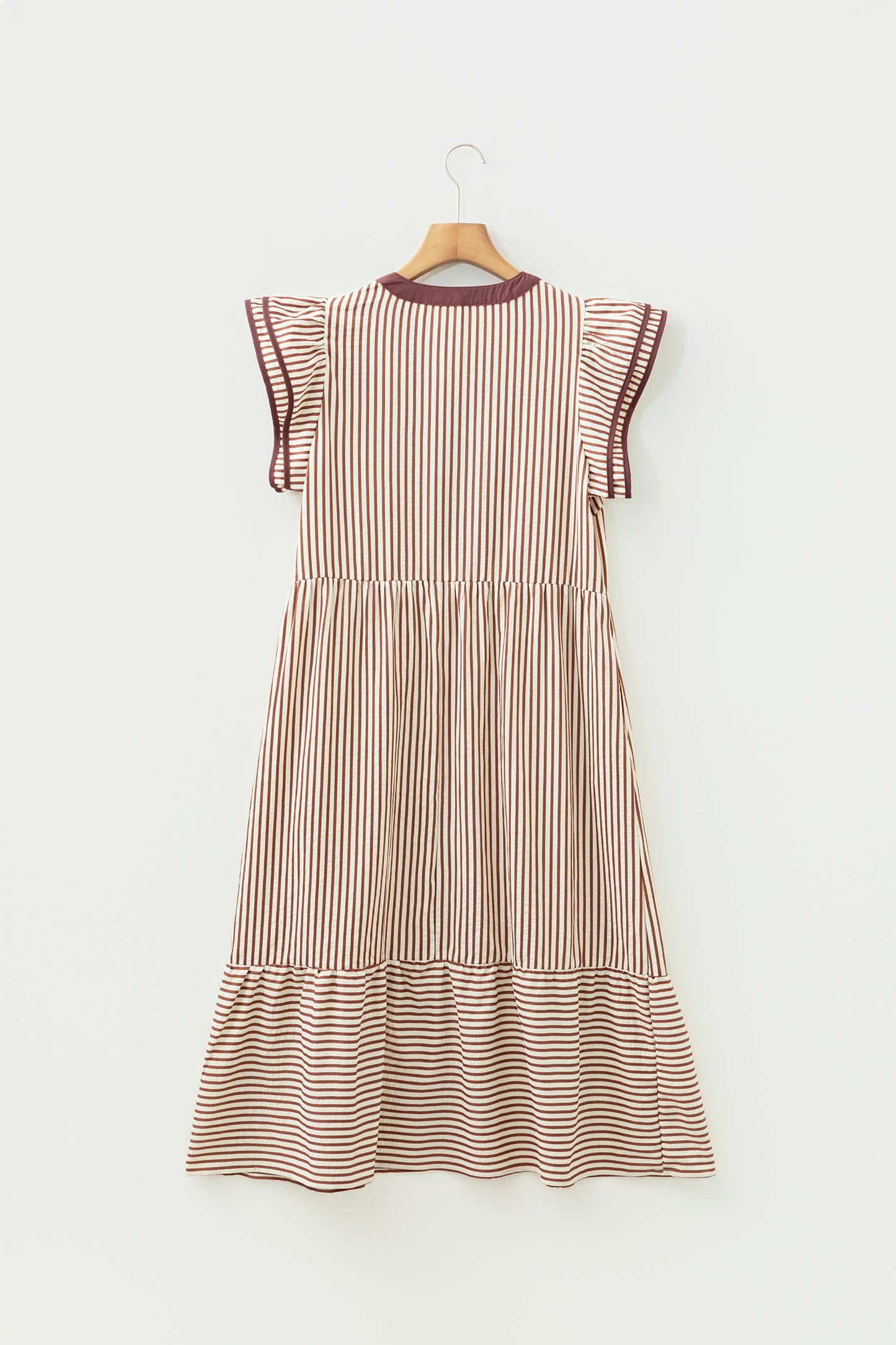 Stripe Ruffle Short Sleeve V-Neck Midi Dress