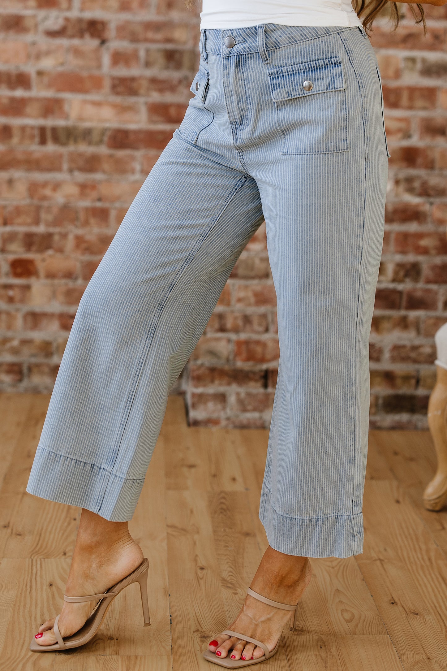 Stripe Denim Button Flap Pocket Cuffed Hem Jeans