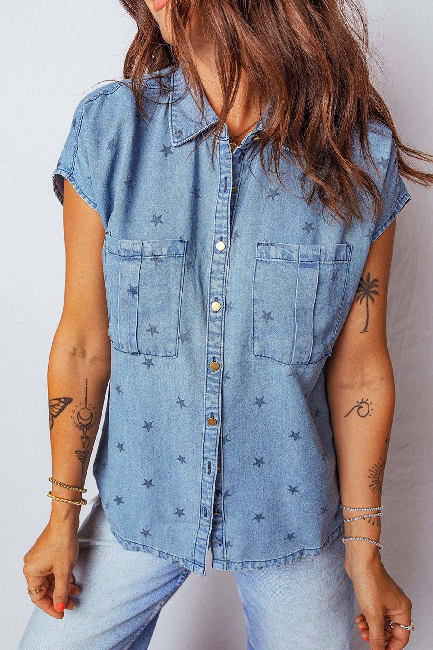 Star Denim Double Chest Pocket Short Sleeve Shirt