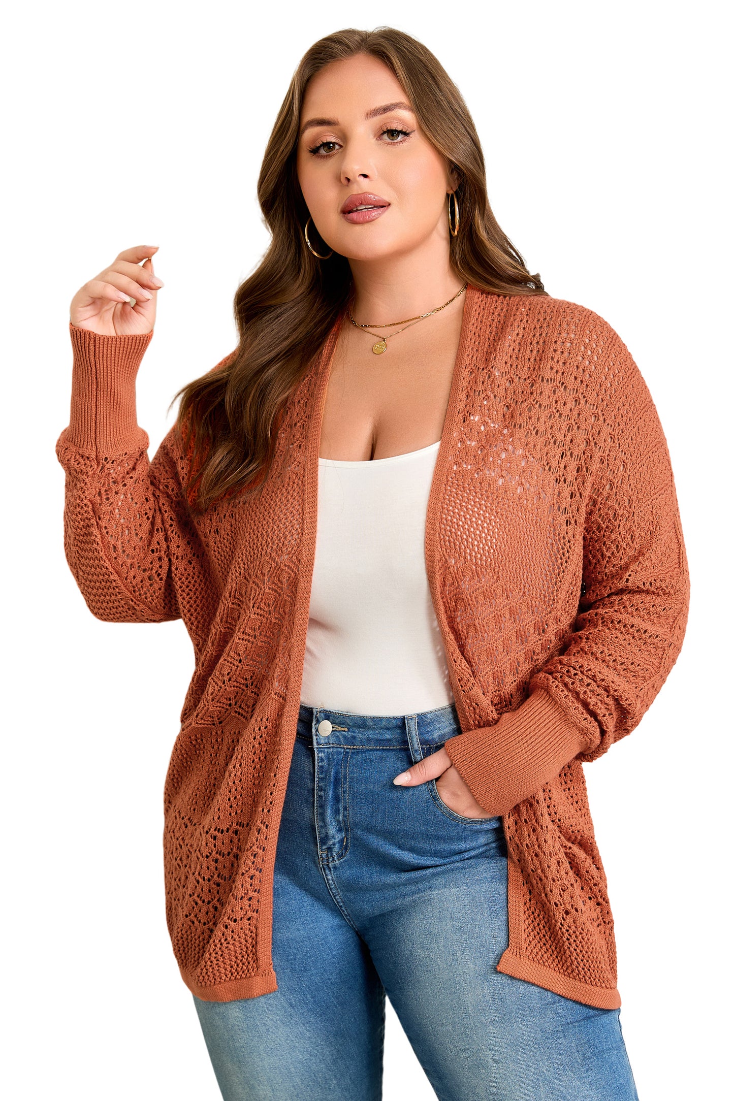 Plus Size Solid Pointelle Knit Open Front Cardigan