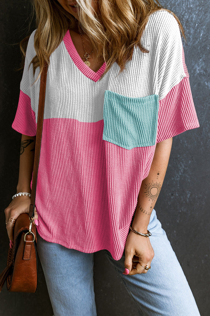 Colorblock Corded V-Neck Pocketed Tee