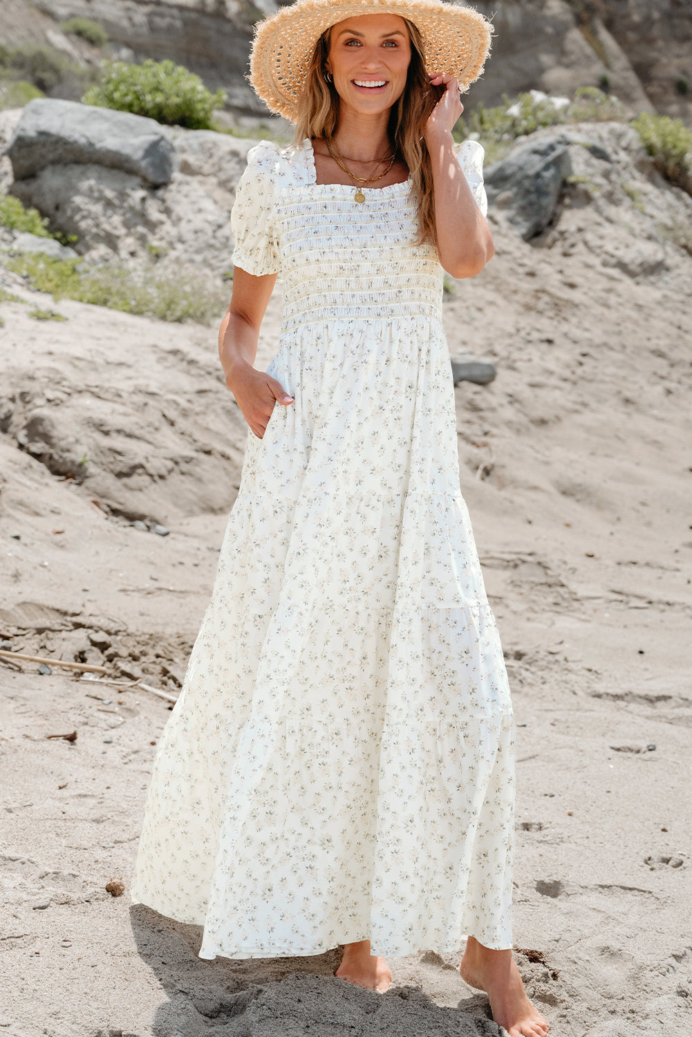 Floral Frilly Shirred Bodice Tiered Maxi Dress Pretty Bash Floral Frilly Shirred Bodice Tiered Maxi Dress Pretty Bash