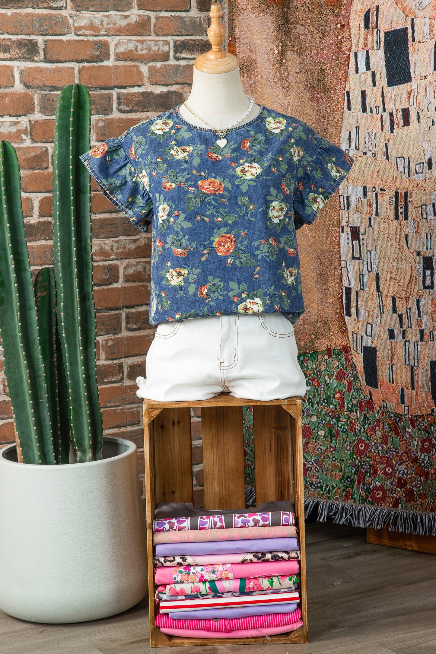 Floral Denim Ruffle Short Sleeve Top