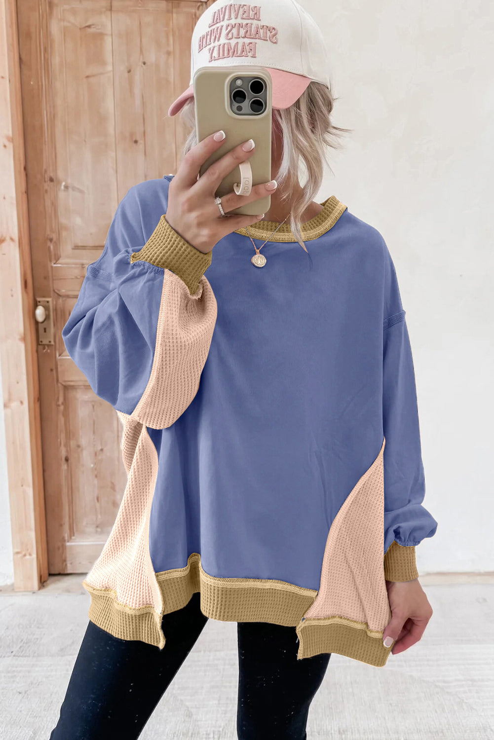Colorblock Waffle Patchwork Oversize Sweatshirt