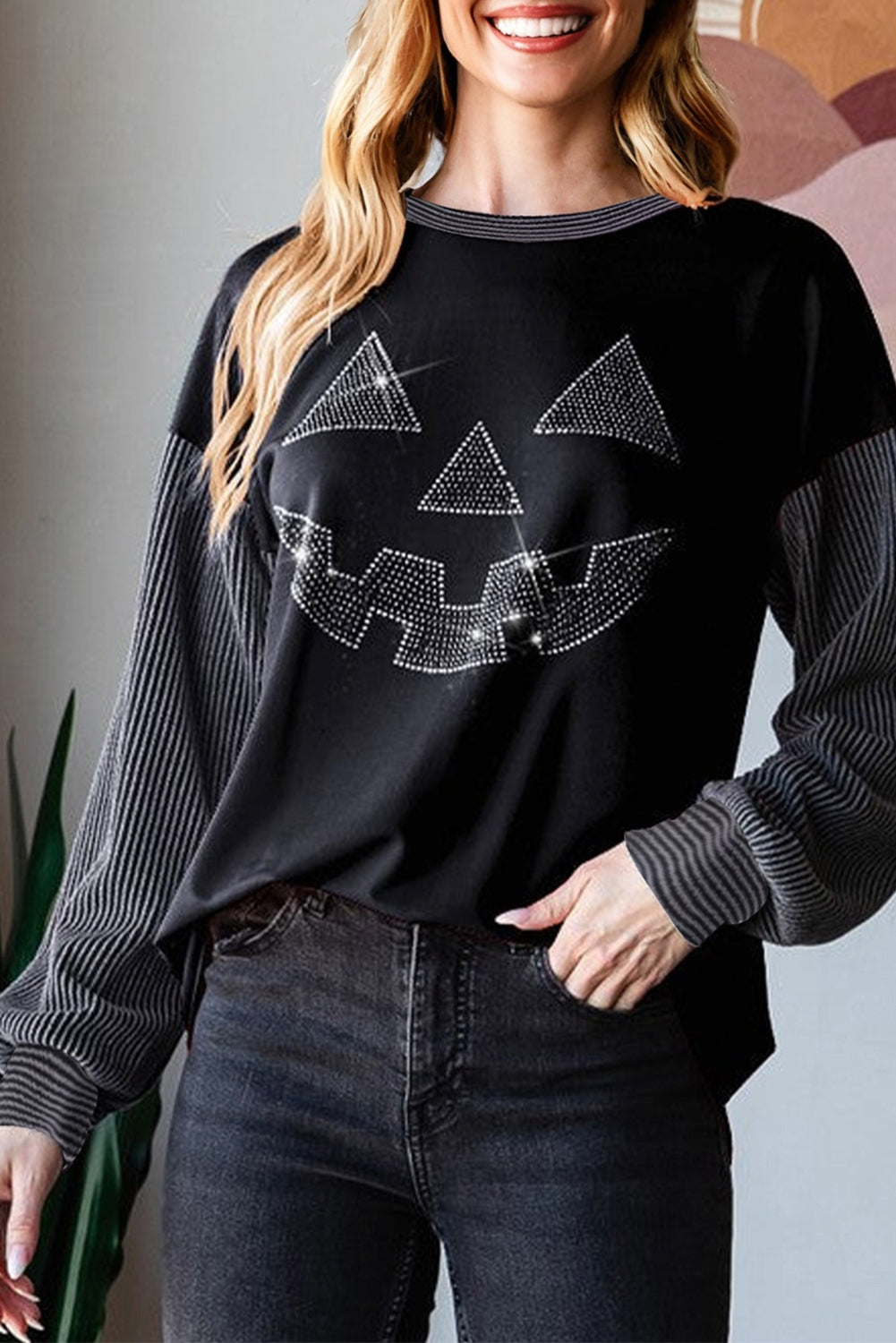Halloween Rhinestone Pumpkin Patchwork Long Sleeve Top