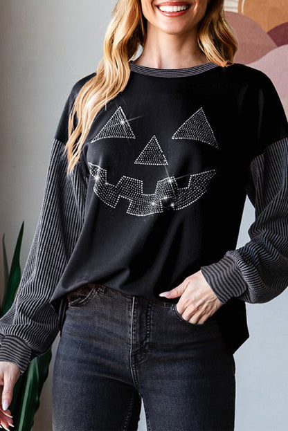 Halloween Rhinestone Pumpkin Patchwork Long Sleeve Top