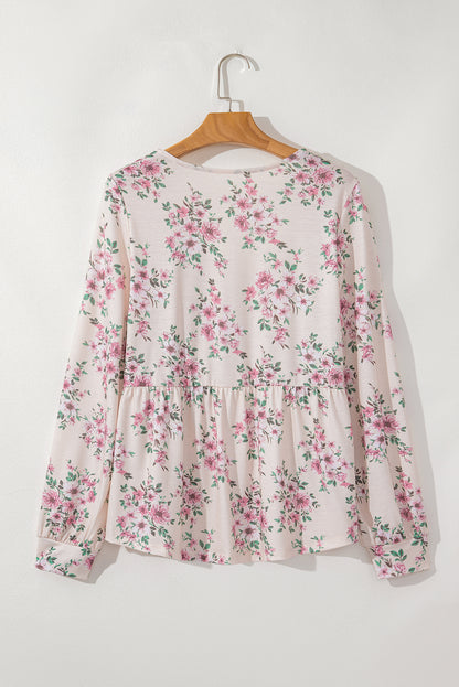 Floral Pleated Scoop Neck Blouse