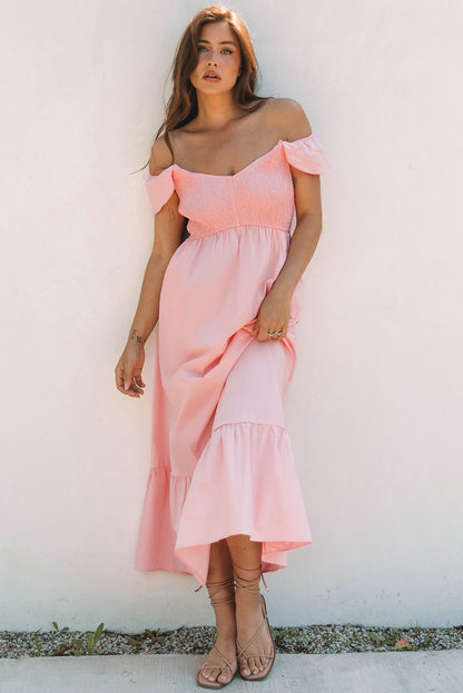 Solid V-Neck Flutter Sleeve Ruffle Maxi Dress