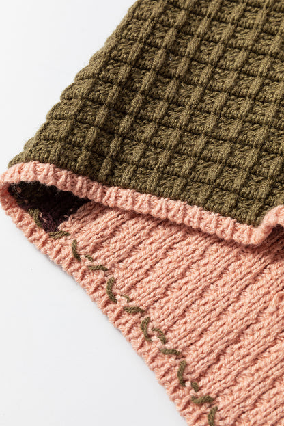 Colorblock Waffle Knit Drawstring Mock Neck Sweater