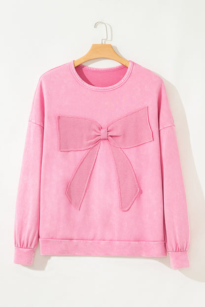 Plus Size Waffle Bowknot Patchwork Mineral Wash Sweatshirt