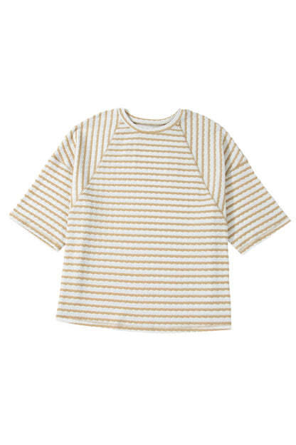 Plus Size Stripe Textured Patchwork 3/4 Sleeve Top