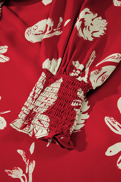 Flower Tied Neck Shirred Puff Sleeve Blouse